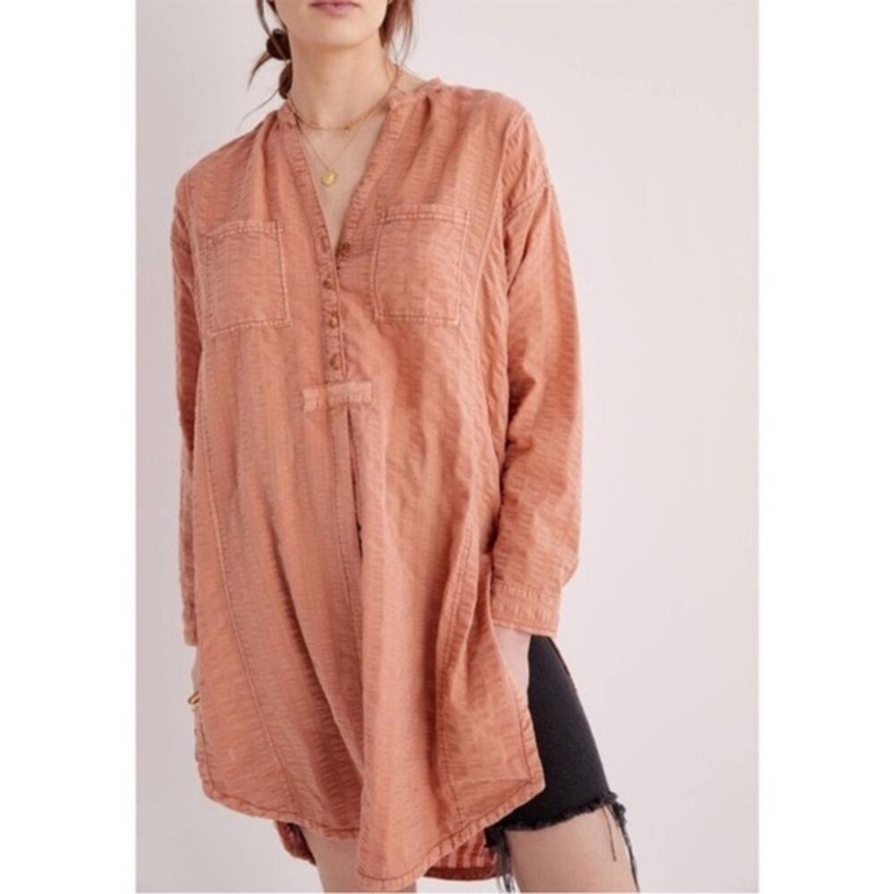 Anthropologie Pilcro Seersucker Tunic Button Down Top Orange Women’s Size XS